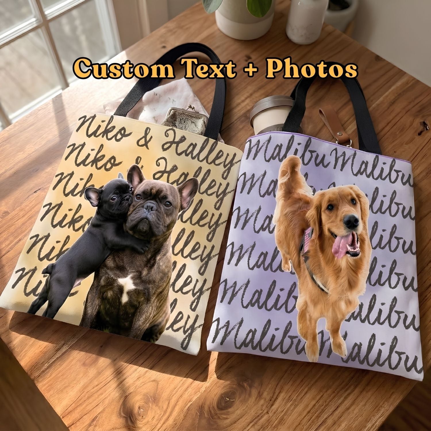 Custom Pet Portrait & Name Watercolor Tote Bag, Personalized Dog Face Tote, Cat Tote, Pet Lover Gift