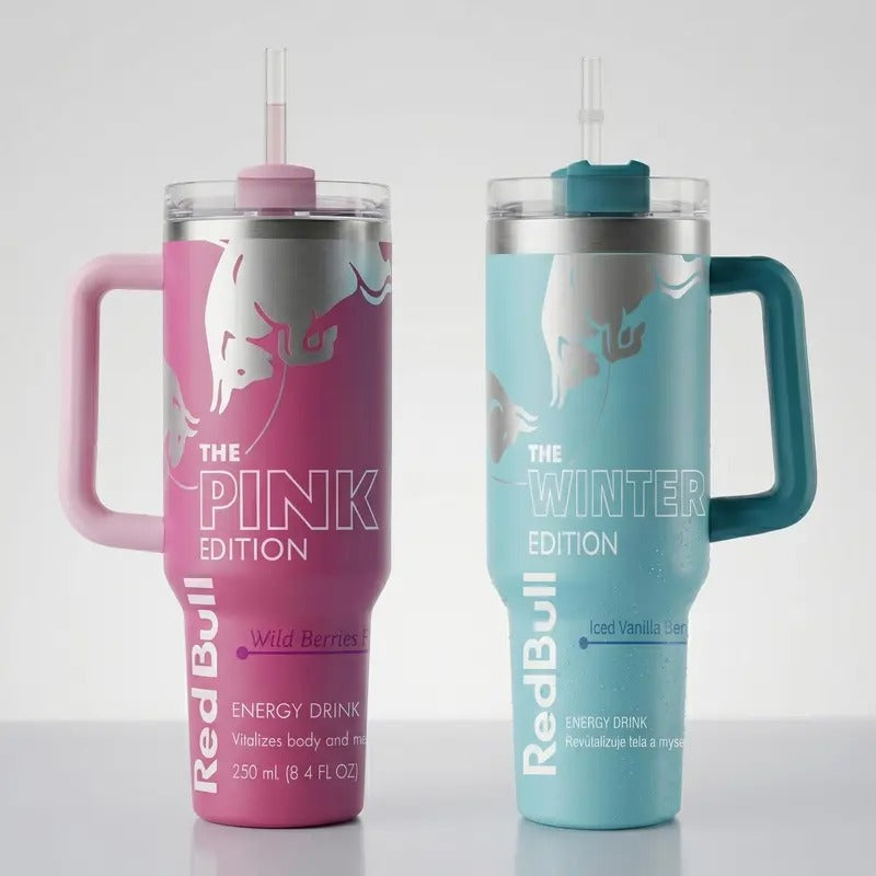 RB Pink, Blue & White Edition 40oz Stainless Steel Tumbler With Handle and Straw, Double Wall Vacuum Insulated Travel Mug