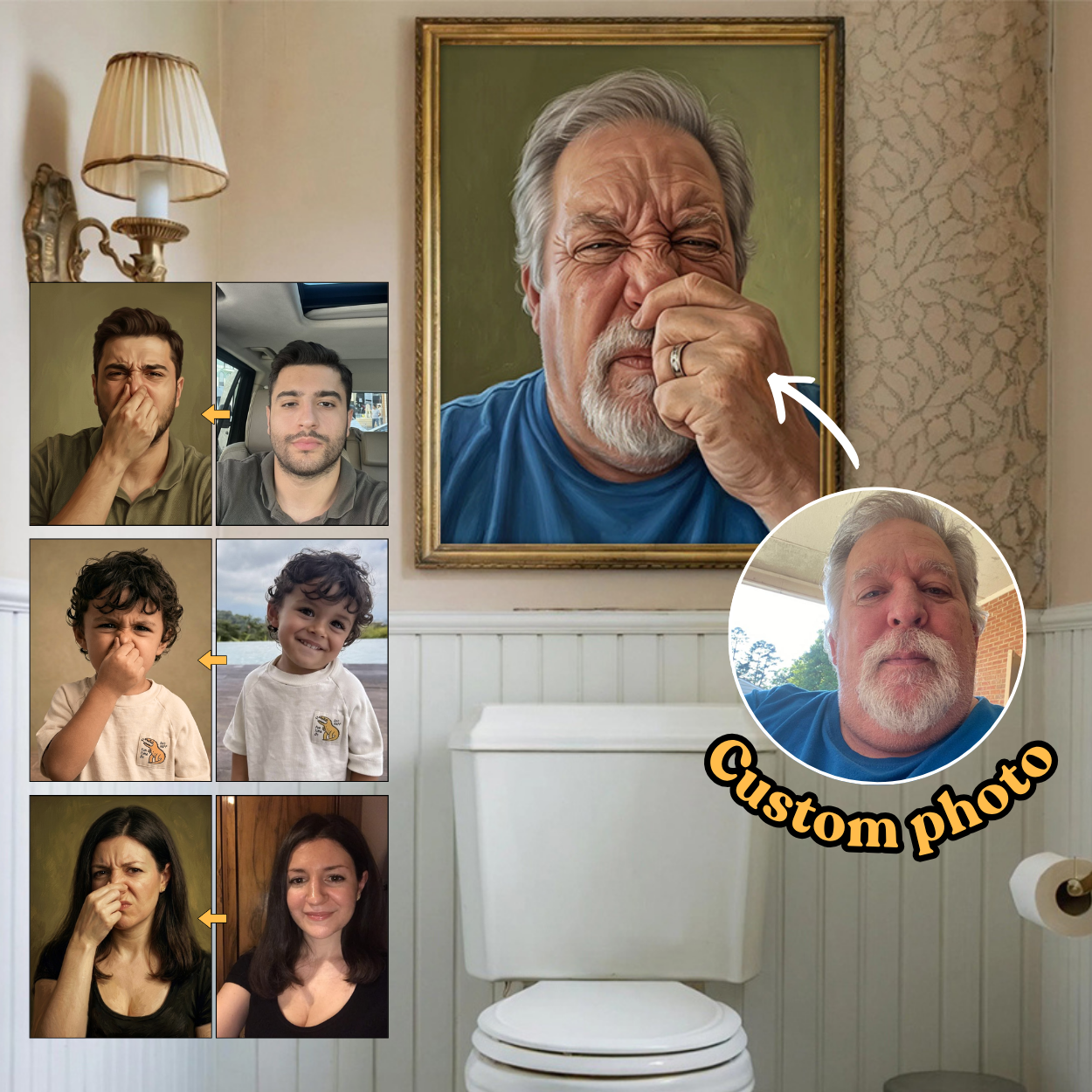 Custom Photo Watercolor Bathroom Art Print – Funny Personalized Toilet Wall Decor & Unique Gift