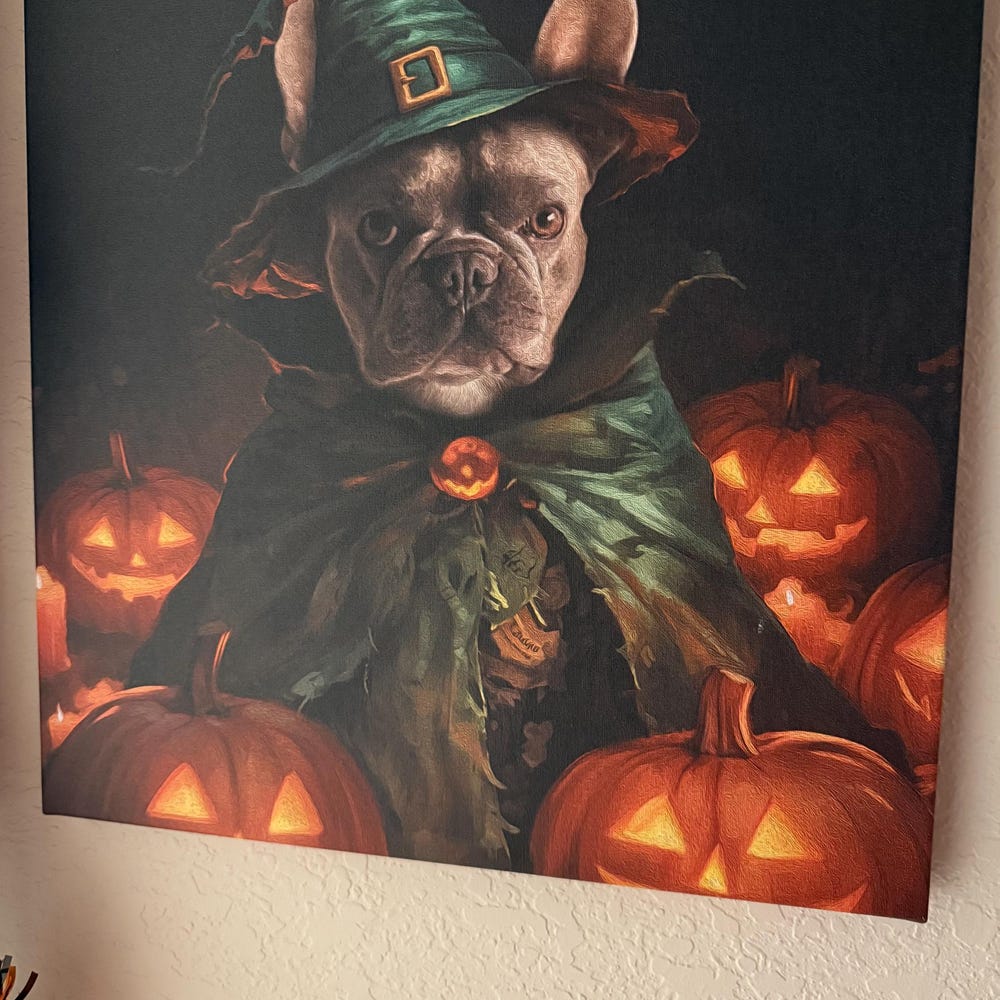 Custom Halloween Pet Portrait, Witch-Themed Pet Art, Canvas or Framed Poster, Halloween Decor, Gift for Pet Lovers