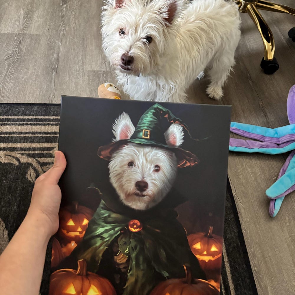 Custom Halloween Pet Portrait, Witch-Themed Pet Art, Canvas or Framed Poster, Halloween Decor, Gift for Pet Lovers