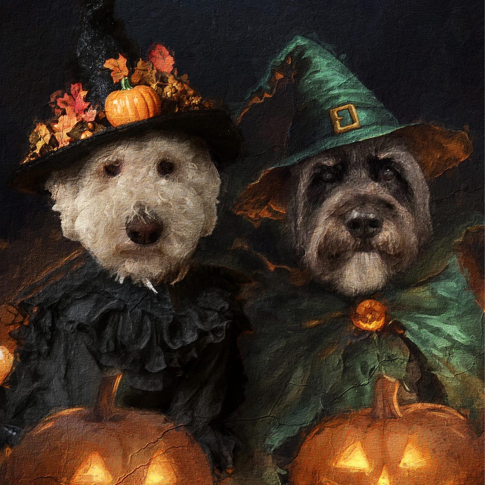 Custom Halloween Pet Portrait, Witch-Themed Pet Art, Canvas or Framed Poster, Halloween Decor, Gift for Pet Lovers