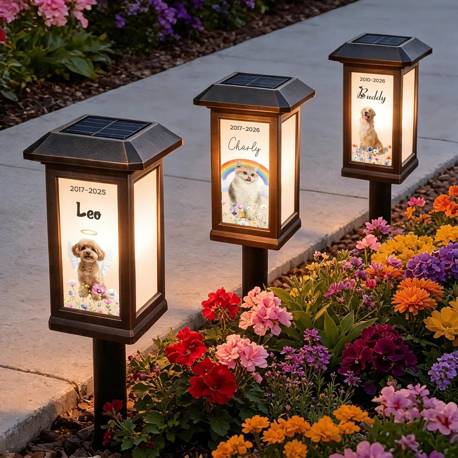 Personalized Pet Photo Angel Wing Solar Garden Light Custom Name Date Rainbow Flower Memorial Lamp Garden Decor Sympathy Gift for Pet Owners