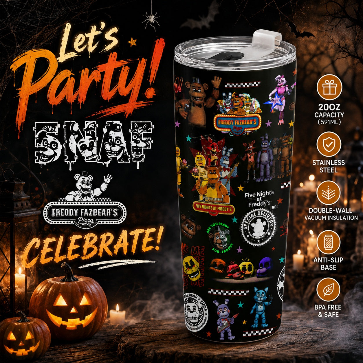 NEW | 40oz 20oz FNAF Stainless Steel Tumbler With Handle And Straw, Gothic Halloween Drinkware, Horror Movie Gift for Fans