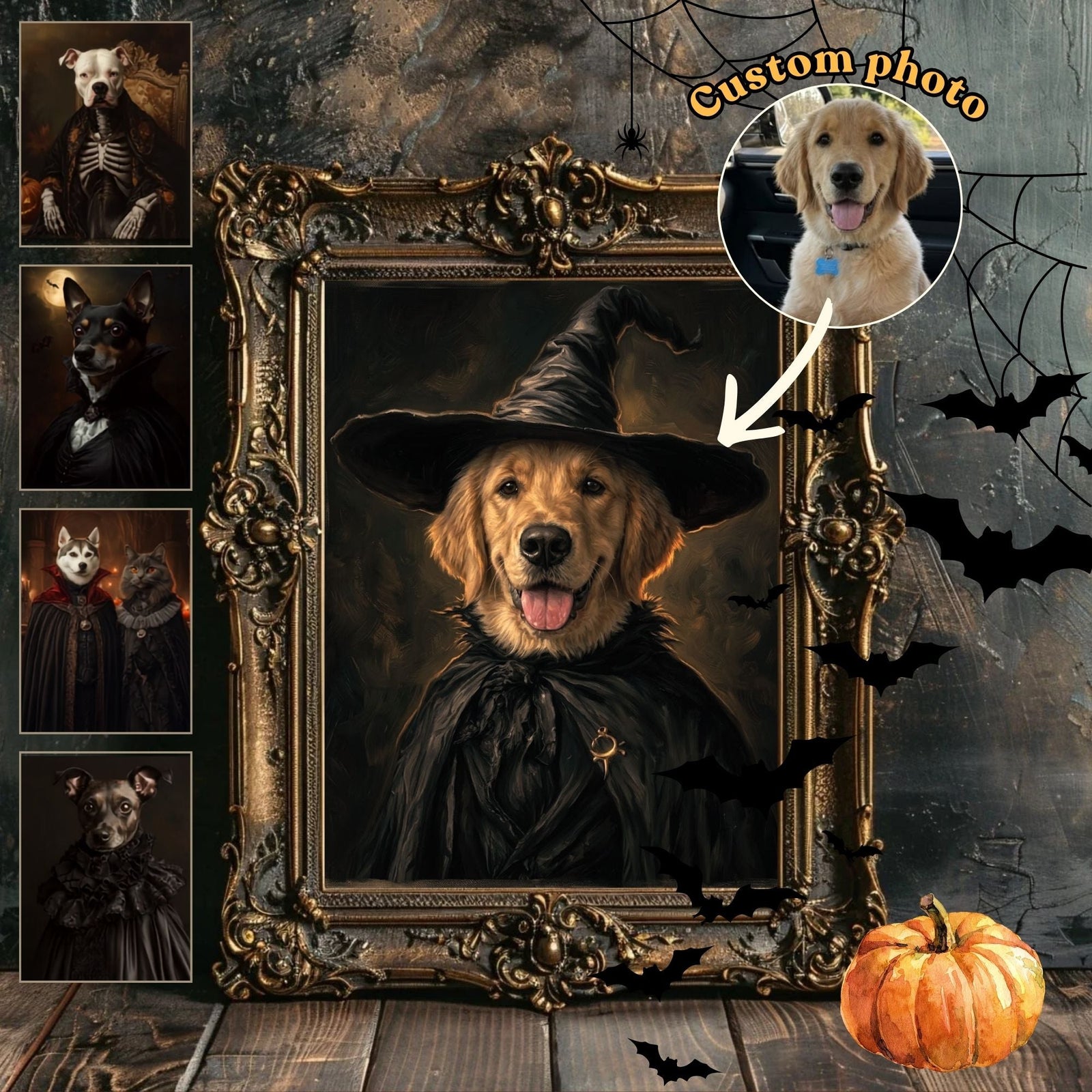 Custom Halloween Pet Portrait, Witch-Themed Pet Art, Canvas or Framed Poster, Halloween Decor, Gift for Pet Lovers