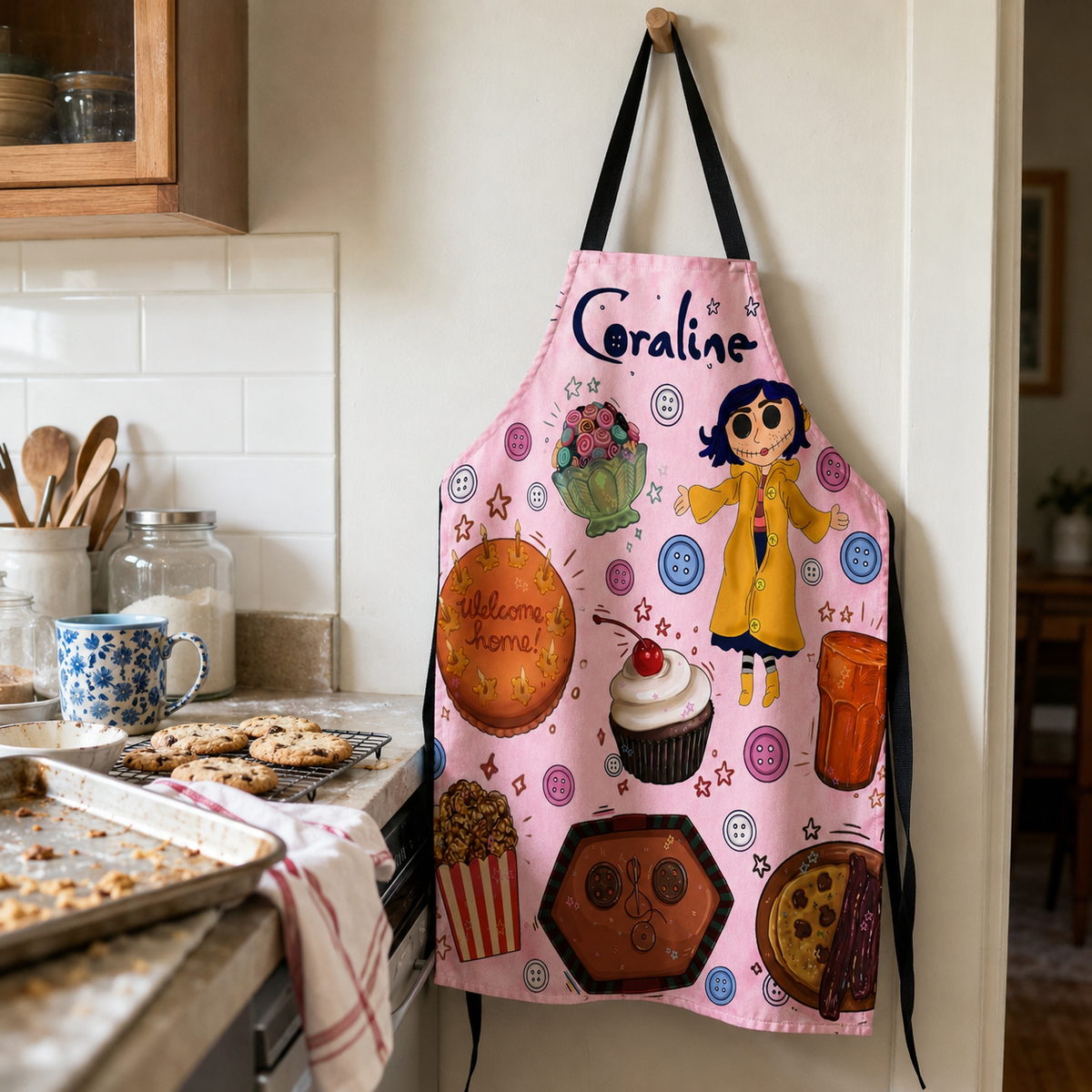 NEW | Personalized Apron, Custom Name Kitchen Apron, Cute Pink Baking Apron, Halloween Cooking Gift for Women