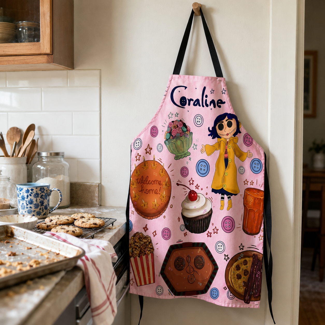 NEW | Personalized Apron, Custom Name Kitchen Apron, Cute Pink Baking Apron, Halloween Cooking Gift for Women
