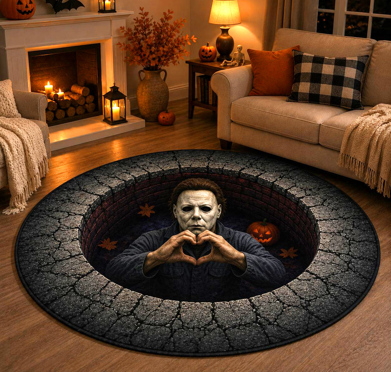 3D Halloween Character Rug, Round Spooky Area Rug, Optical Illusion Floor Mat, Creepy Haunted House Decor
