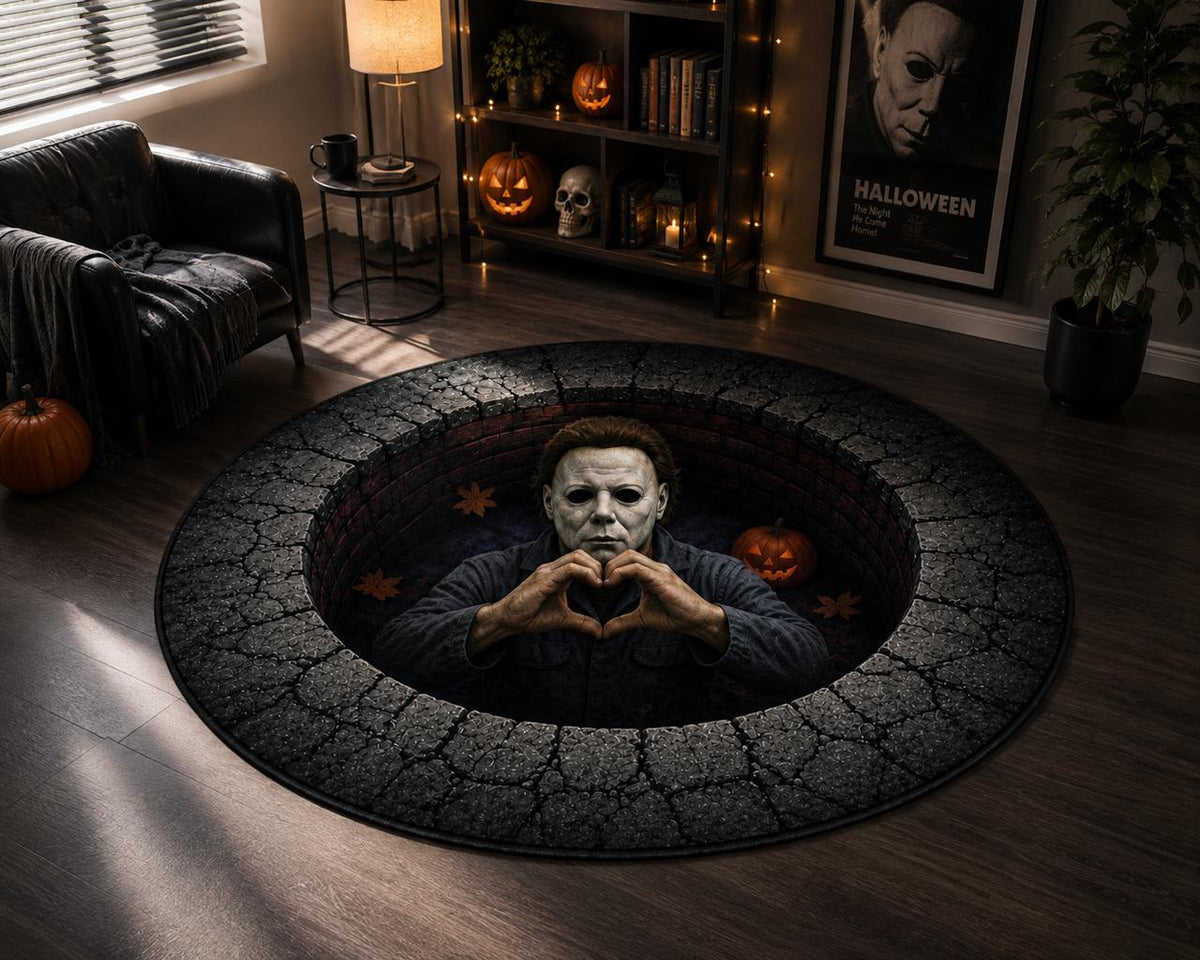 3D Halloween Character Rug, Round Spooky Area Rug, Optical Illusion Floor Mat, Creepy Haunted House Decor