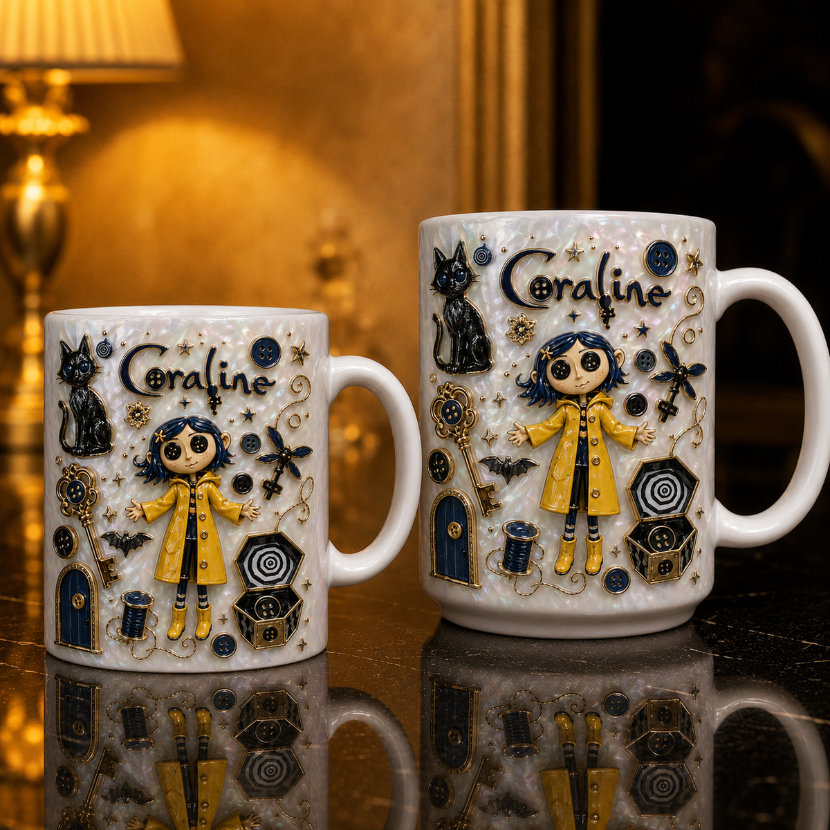 Coraline 3D Pearl White Gothic Ceramic Mug