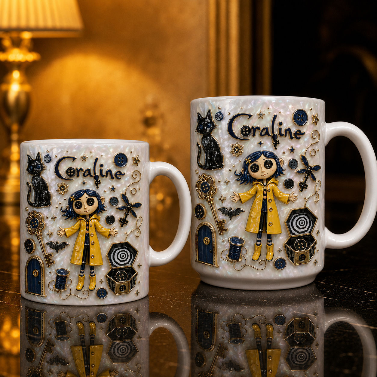 Coraline 3D Pearl White Gothic Ceramic Mug