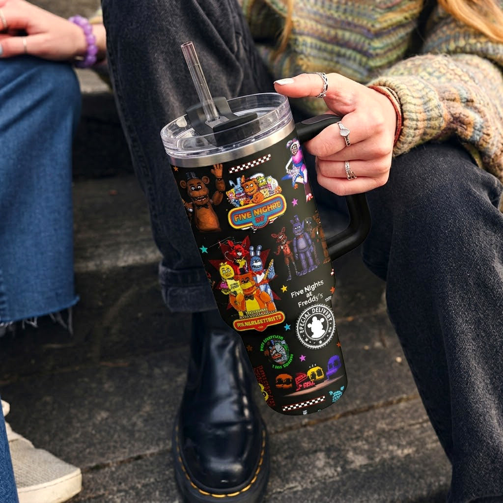 NEW | 40oz 20oz FNAF Stainless Steel Tumbler With Handle And Straw, Gothic Halloween Drinkware, Horror Movie Gift for Fans