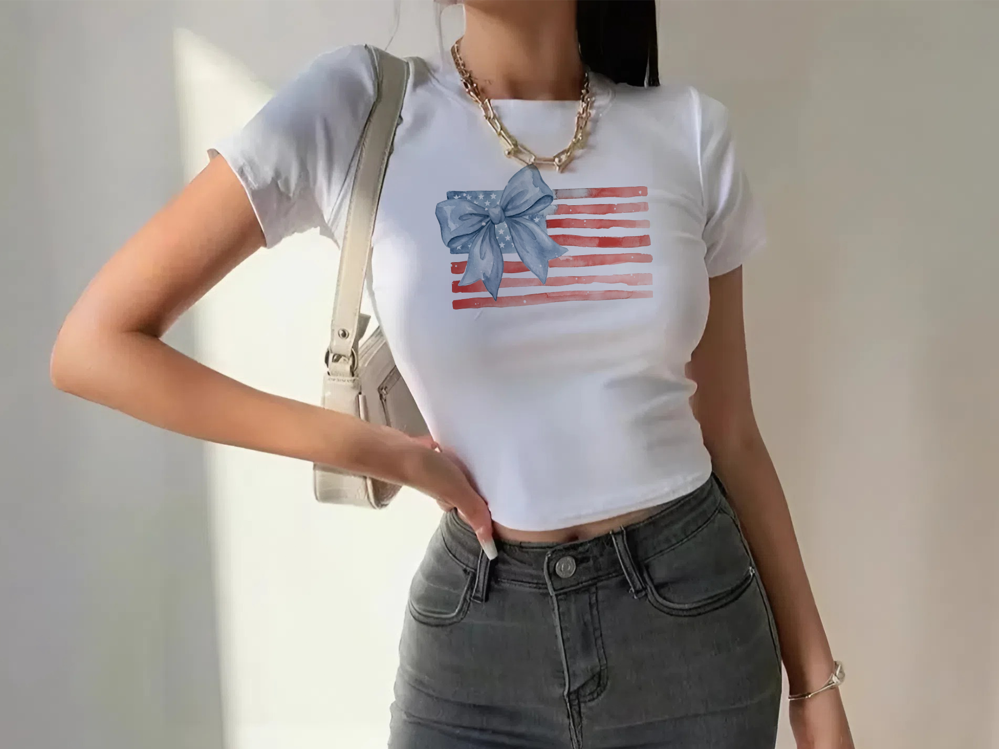 America Vintage American Flag With Bow Graphic Cute Baby Tee For Women