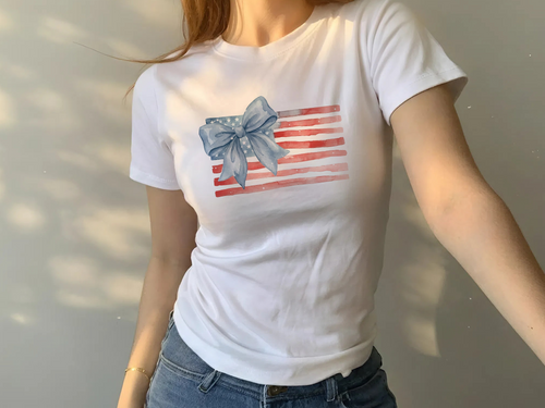 America Vintage American Flag With Bow Graphic Cute Baby Tee For Women