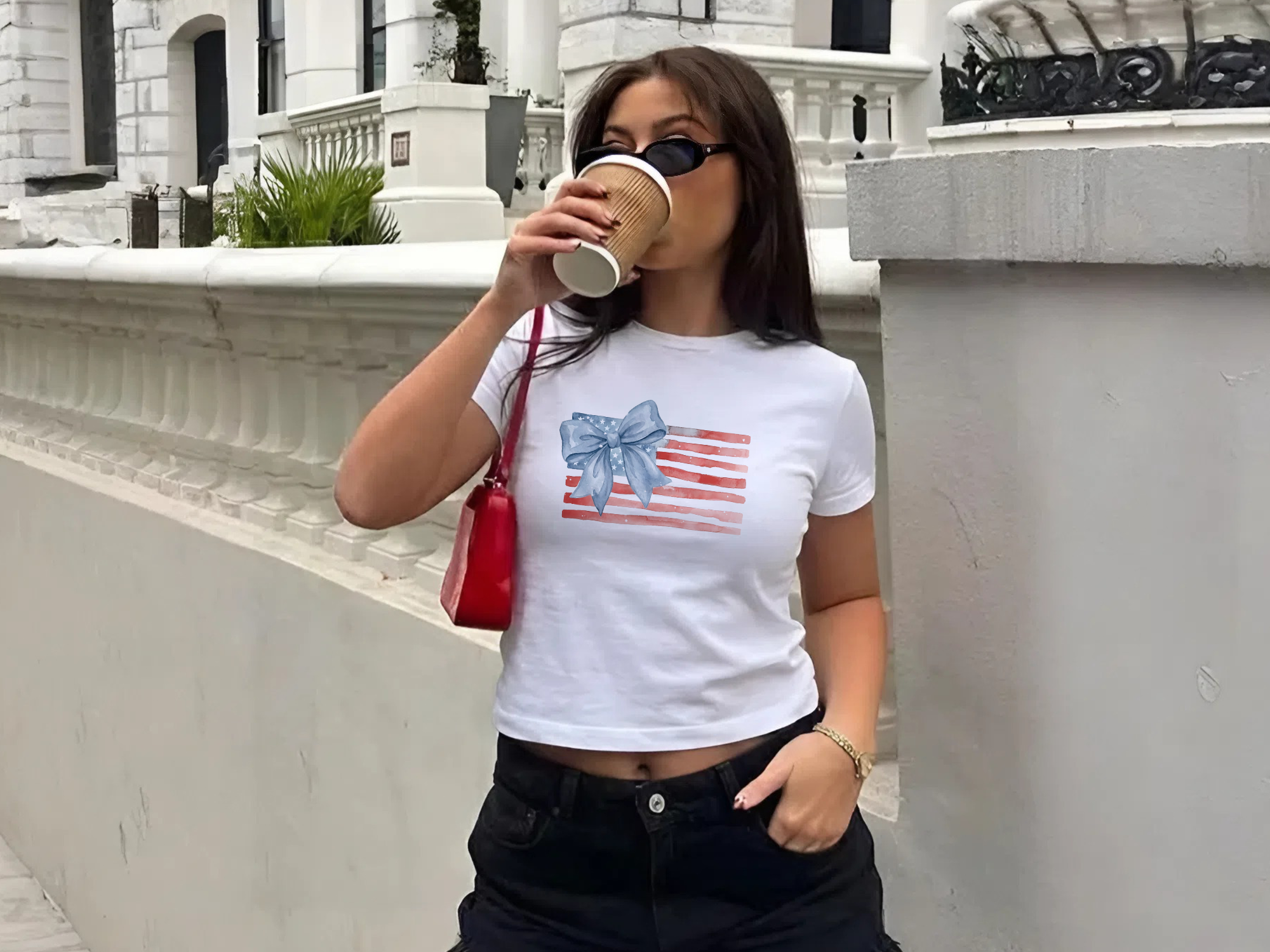 America Vintage American Flag With Bow Graphic Cute Baby Tee For Women