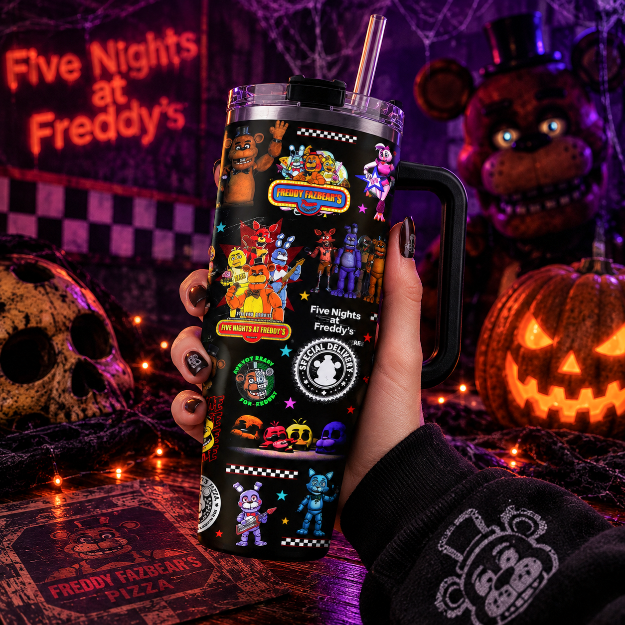 NEW | 40oz 20oz FNAF Stainless Steel Tumbler With Handle And Straw, Gothic Halloween Drinkware, Horror Movie Gift for Fans
