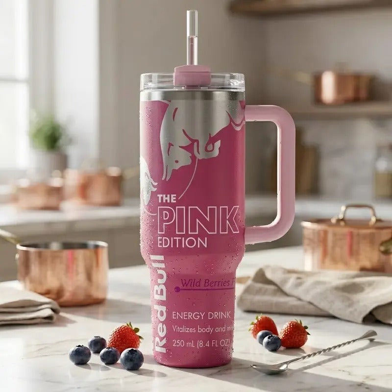 RB Pink, Blue & White Edition 40oz Stainless Steel Tumbler With Handle and Straw, Double Wall Vacuum Insulated Travel Mug