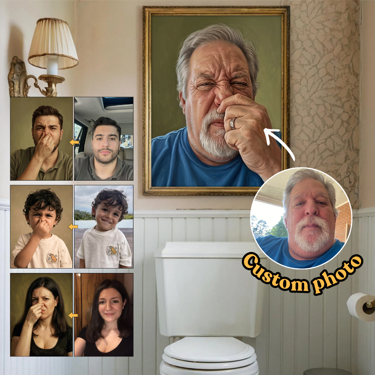 Custom Photo Watercolor Bathroom Art Print – Funny Personalized Toilet Wall Decor & Unique Gift
