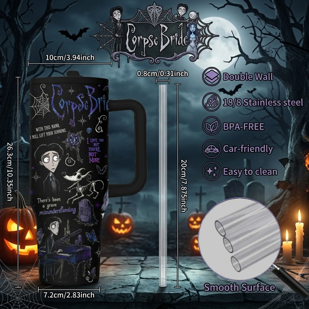 40oz Corpse Bride Tumbler with Handle and Straw – Gothic Halloween Cup – view 3