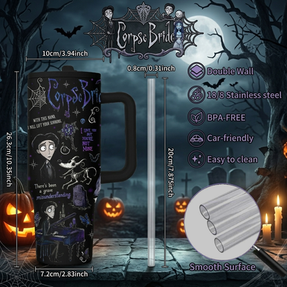40oz Corpse Bride Tumbler with Handle and Straw – Gothic Halloween Cup – view 3