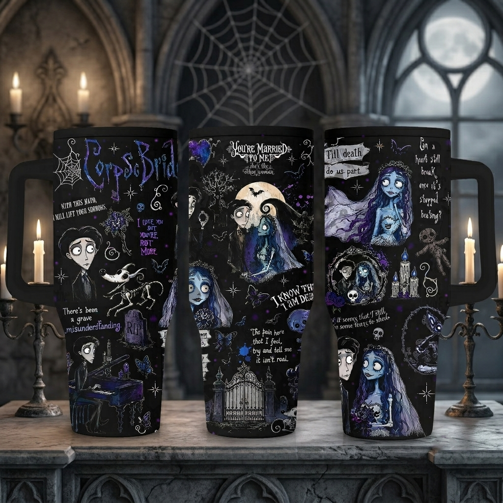 40oz Corpse Bride Tumbler with Handle and Straw – Gothic Halloween Cup – view 2