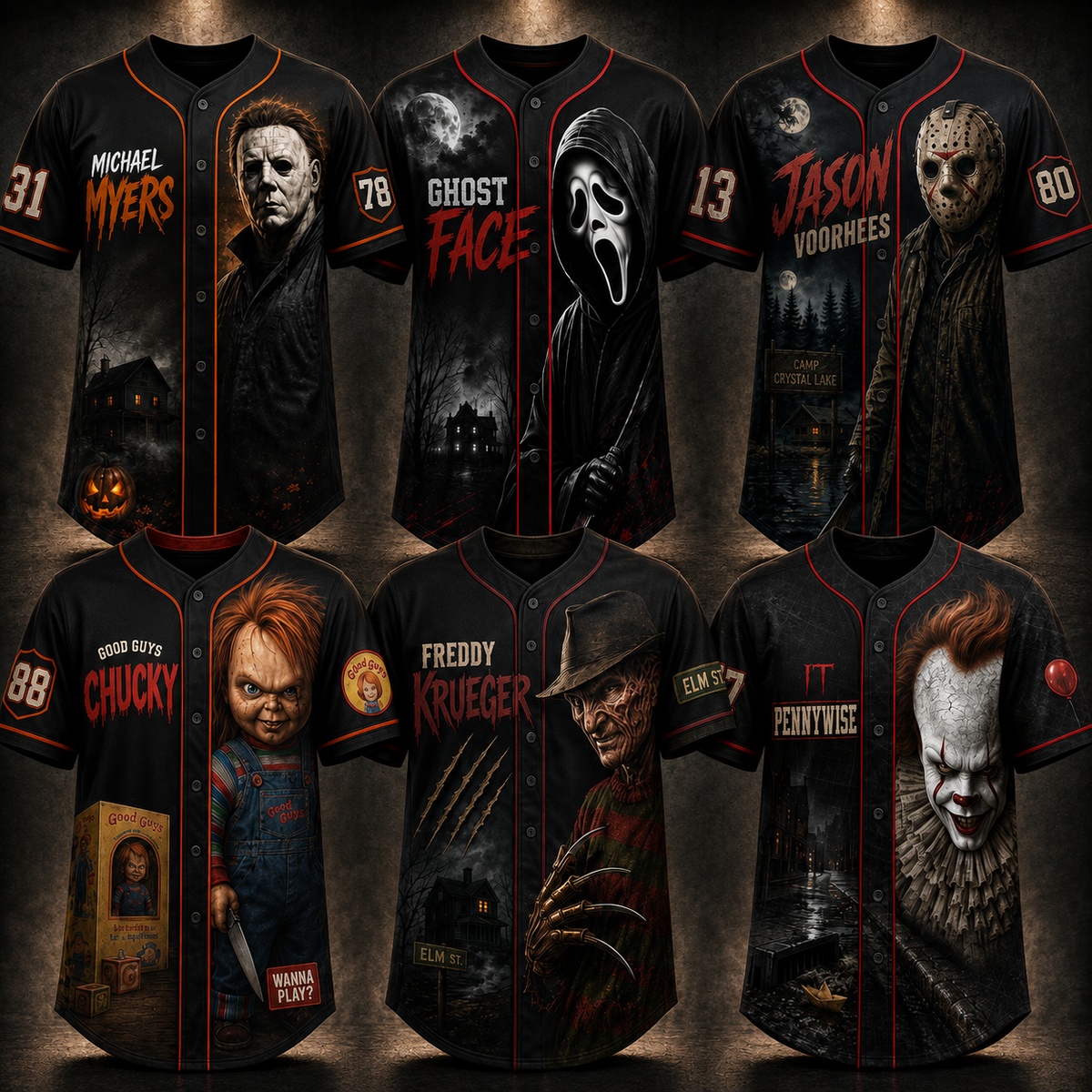 ADULT - Horror Slasher Baseball Jersey, Classic Horror Movie Characters Shirt