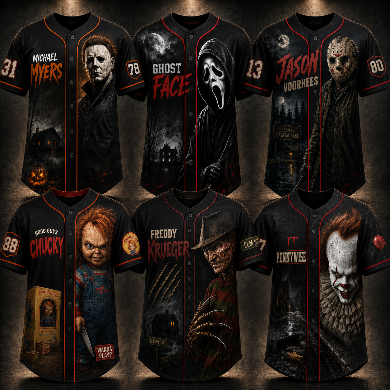 ADULT - Horror Slasher Baseball Jersey, Classic Horror Movie Characters Shirt