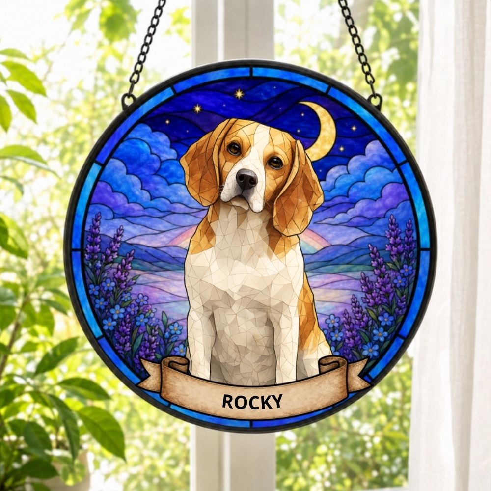 Custom Photo Portrait Dog Cat At The Rainbow Bridge Memorial - Personalized Stained Glass Window Hanging Suncatcher
