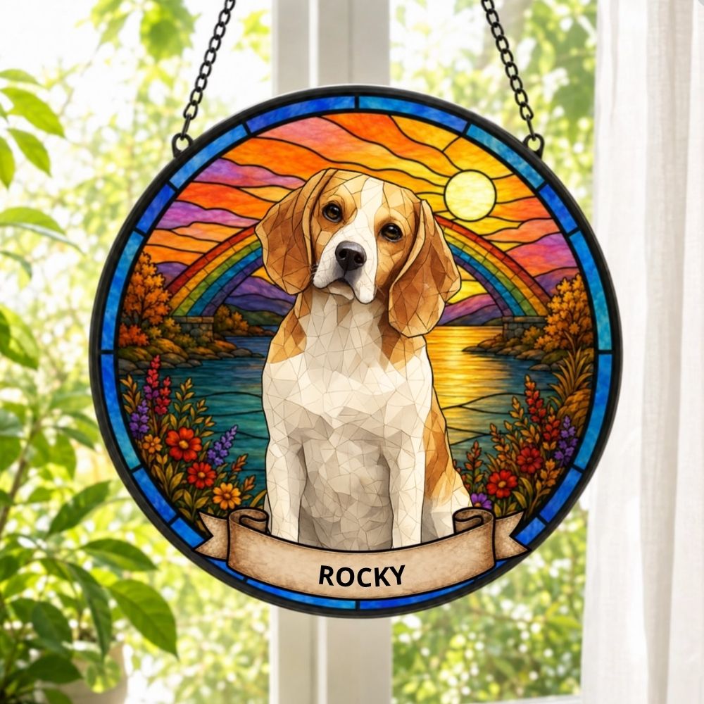 Custom Photo Portrait Dog Cat At The Rainbow Bridge Memorial - Personalized Stained Glass Window Hanging Suncatcher