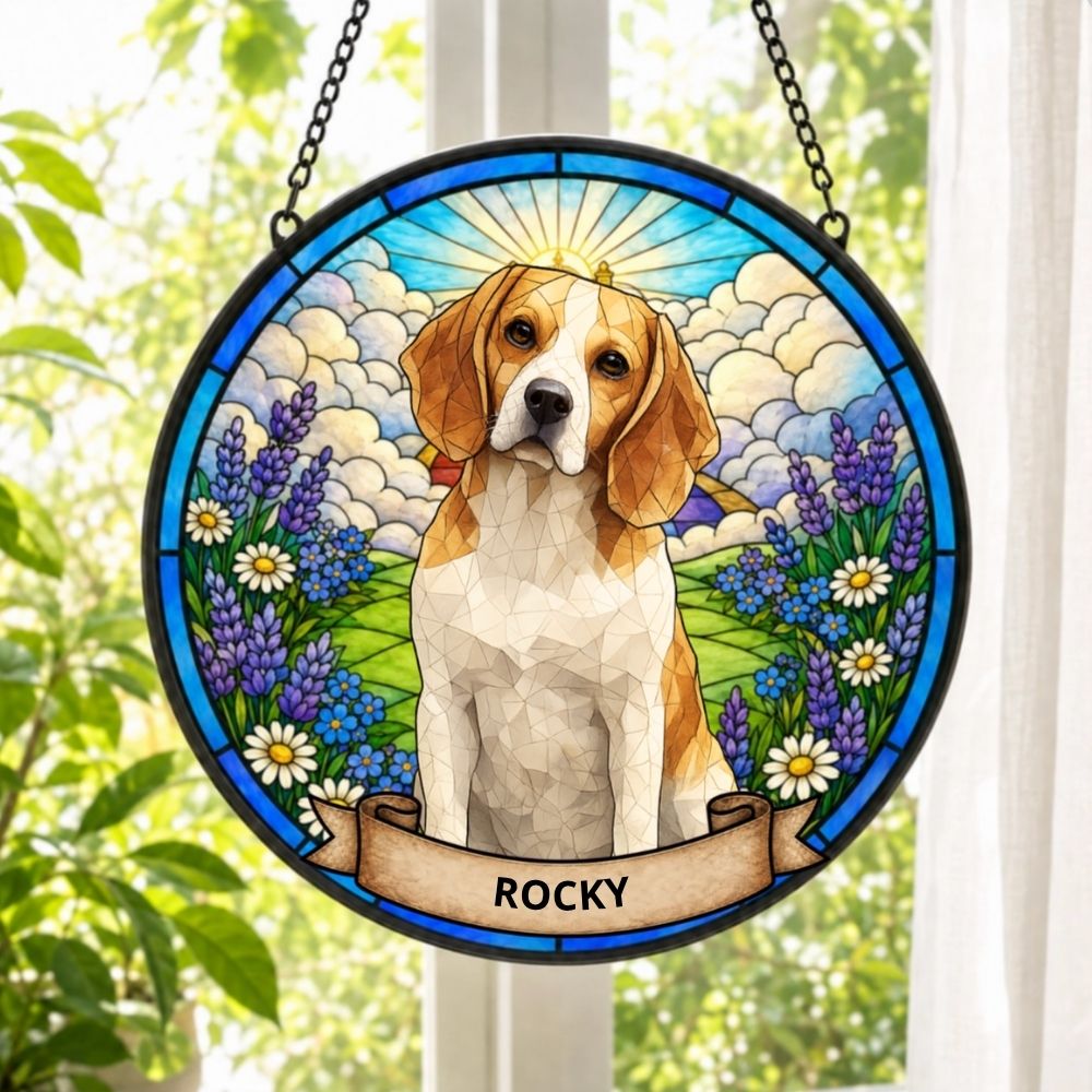 Custom Photo Portrait Dog Cat At The Rainbow Bridge Memorial - Personalized Stained Glass Window Hanging Suncatcher