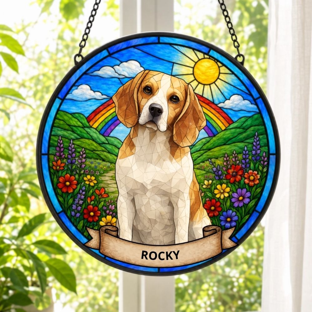 Custom Photo Portrait Dog Cat At The Rainbow Bridge Memorial - Personalized Stained Glass Window Hanging Suncatcher