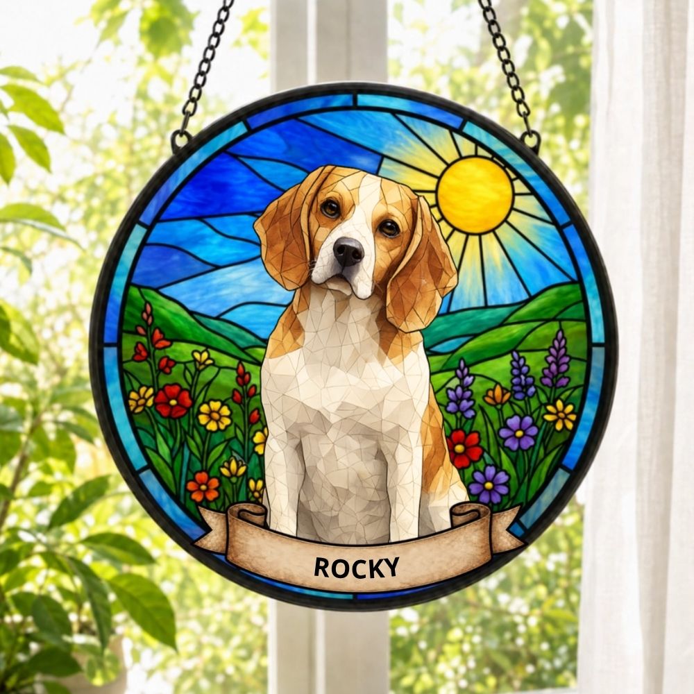 Custom Photo Portrait Dog Cat At The Rainbow Bridge Memorial - Personalized Stained Glass Window Hanging Suncatcher