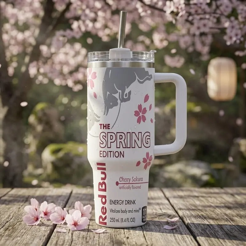 RB Pink, Blue & White Edition 40oz Stainless Steel Tumbler With Handle and Straw, Double Wall Vacuum Insulated Travel Mug