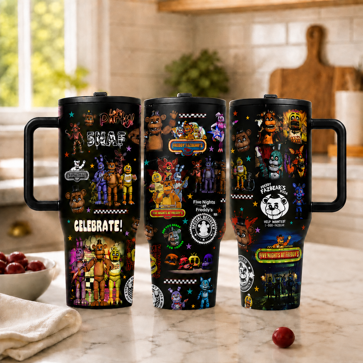 NEW | 40oz 20oz FNAF Stainless Steel Tumbler With Handle And Straw, Gothic Halloween Drinkware, Horror Movie Gift for Fans
