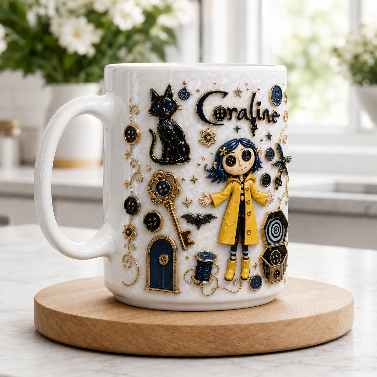 Coraline 3D Pearl White Gothic Ceramic Mug