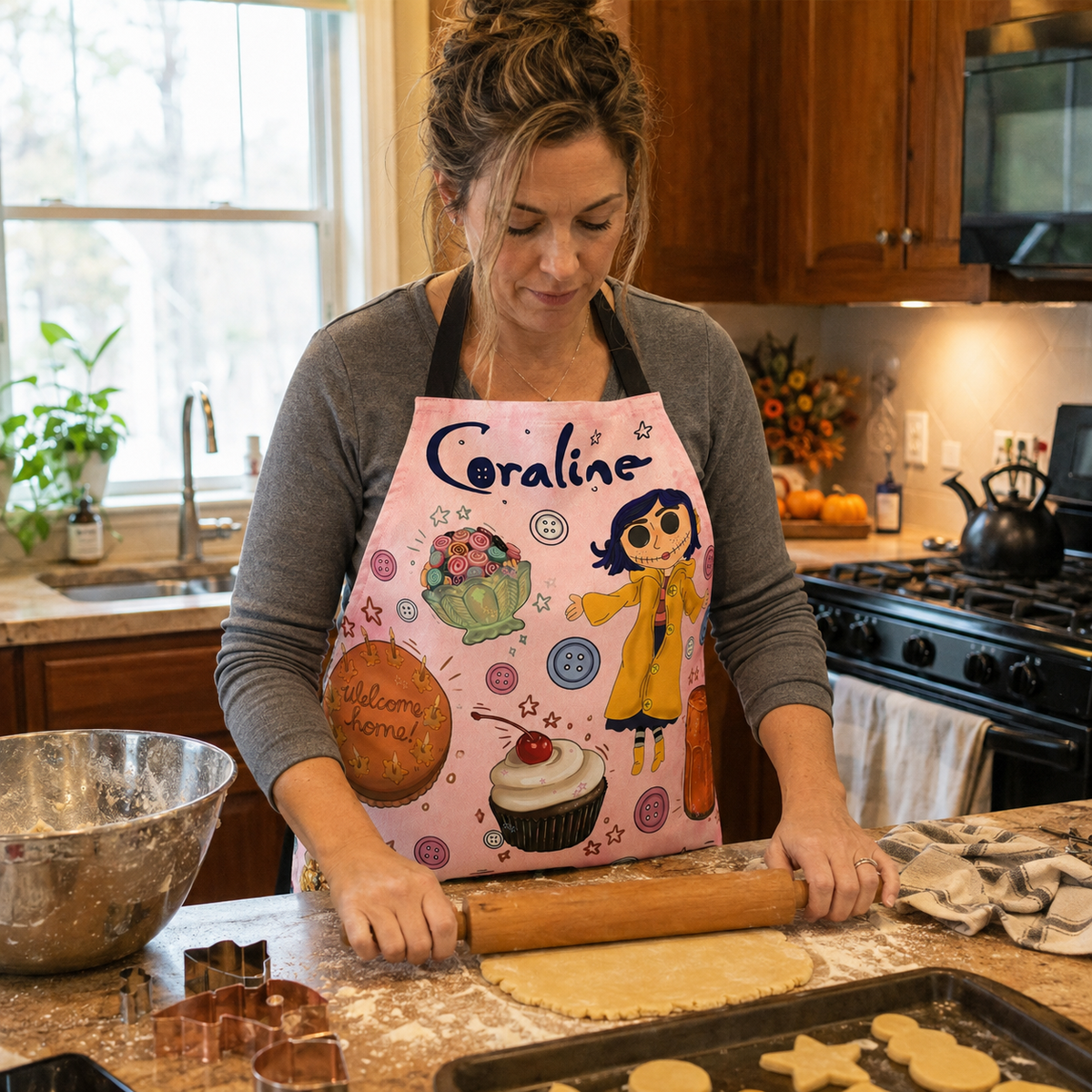 NEW | Personalized Apron, Custom Name Kitchen Apron, Cute Pink Baking Apron, Halloween Cooking Gift for Women