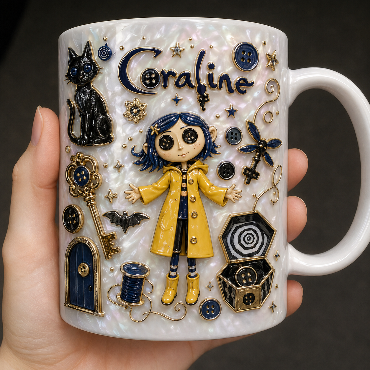 Coraline 3D Pearl White Gothic Ceramic Mug