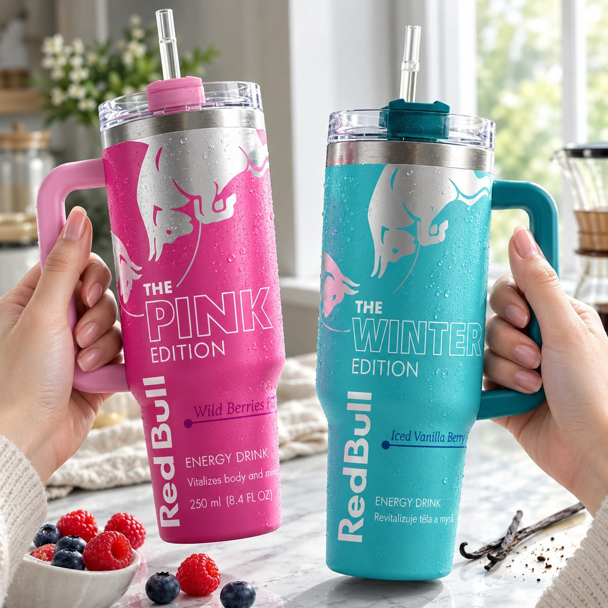 RB Pink, Blue &amp; White Edition 40oz Stainless Steel Tumbler With Handle and Straw, Double Wall Vacuum Insulated Travel Mug