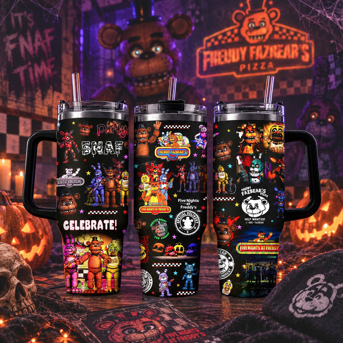 NEW | 40oz 20oz FNAF Stainless Steel Tumbler With Handle And Straw, Gothic Halloween Drinkware, Horror Movie Gift for Fans