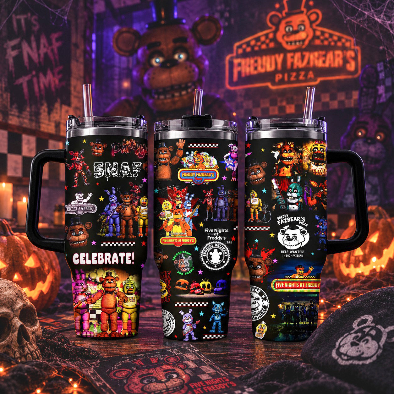 NEW | 40oz 20oz FNAF Stainless Steel Tumbler With Handle And Straw, Gothic Halloween Drinkware, Horror Movie Gift for Fans