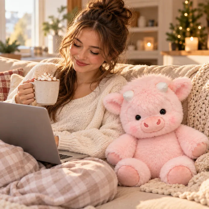 A young woman relaxing on a couch with the fluffy Highland cow plush
