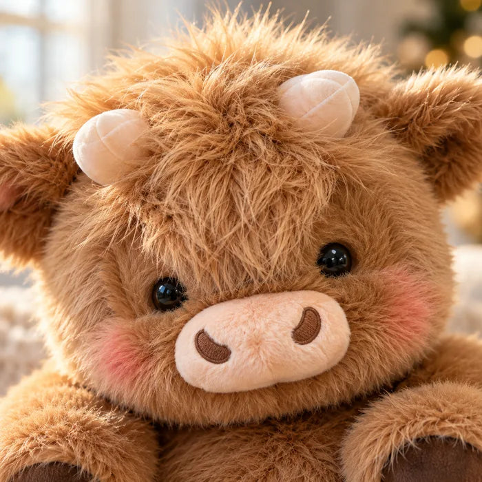 Close-up of the long fluffy fur and shaggy fringe on the Highland cow plush