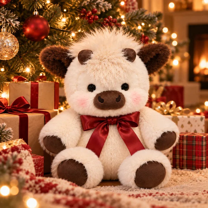 The Highland cow plush with a red bow next to a Christmas tree