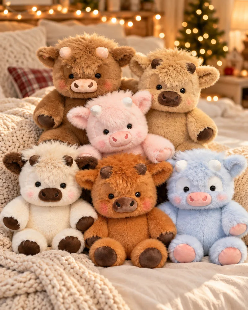 Fluffy Highland cow plushies in soft pastel colors sitting together on a couch