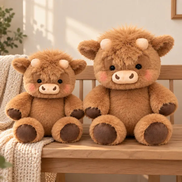 The two sizes of the Highland cow plush side by side