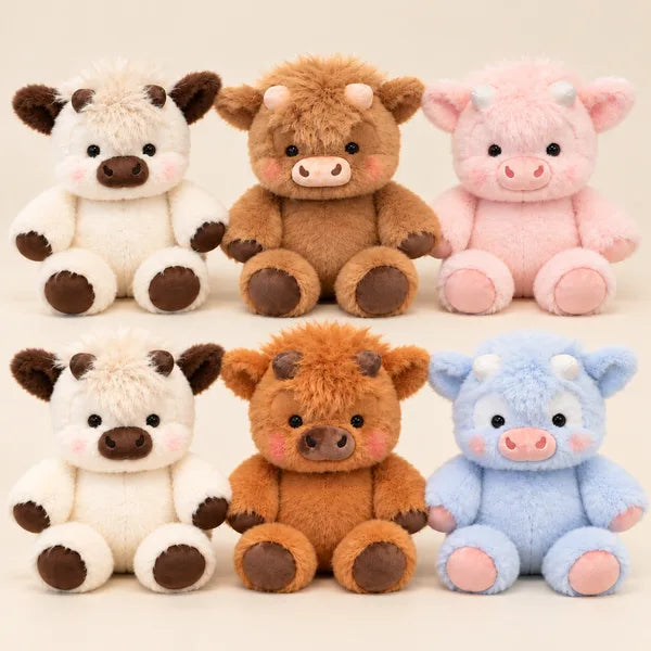 Six colors of the Highland cow plush in a row
