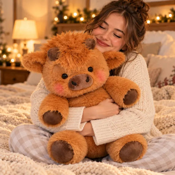 Someone hugging the Highland cow plush