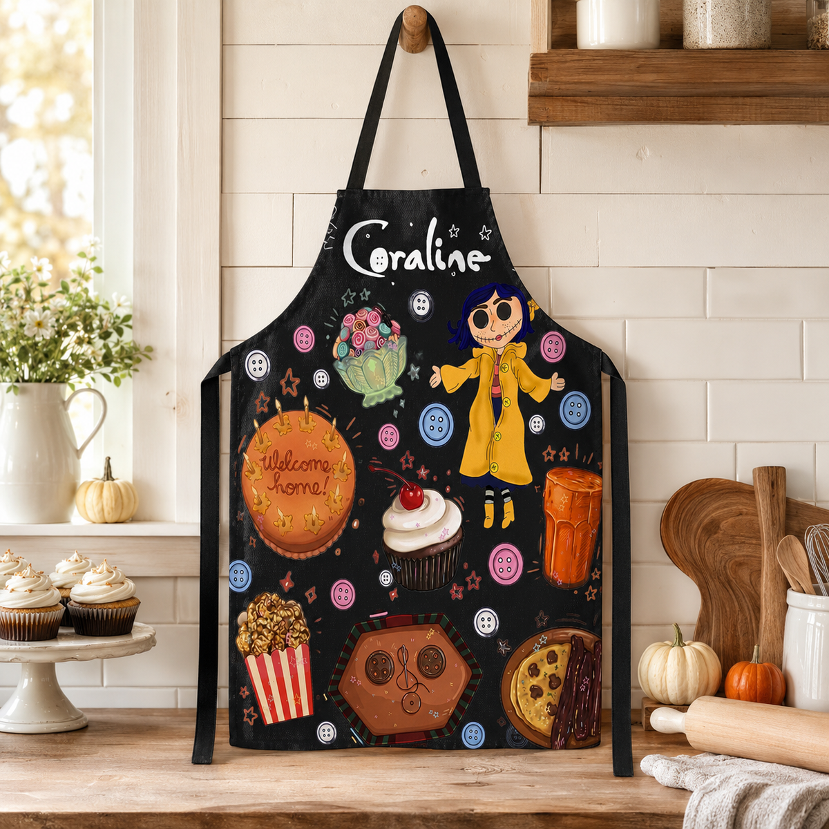 NEW | Personalized Apron, Custom Name Kitchen Apron, Cute Pink Baking Apron, Halloween Cooking Gift for Women