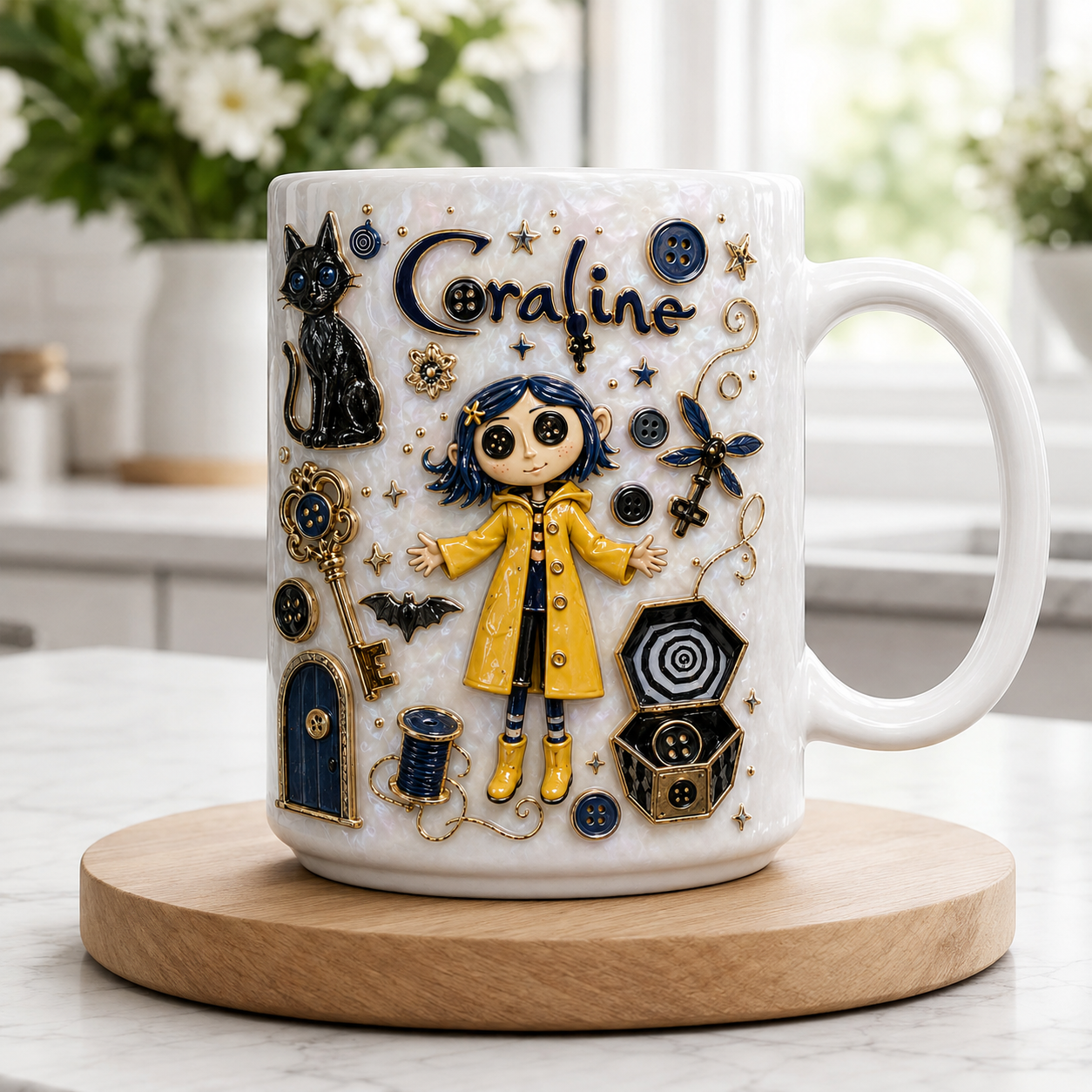 Coraline 3D Pearl White Gothic Ceramic Mug