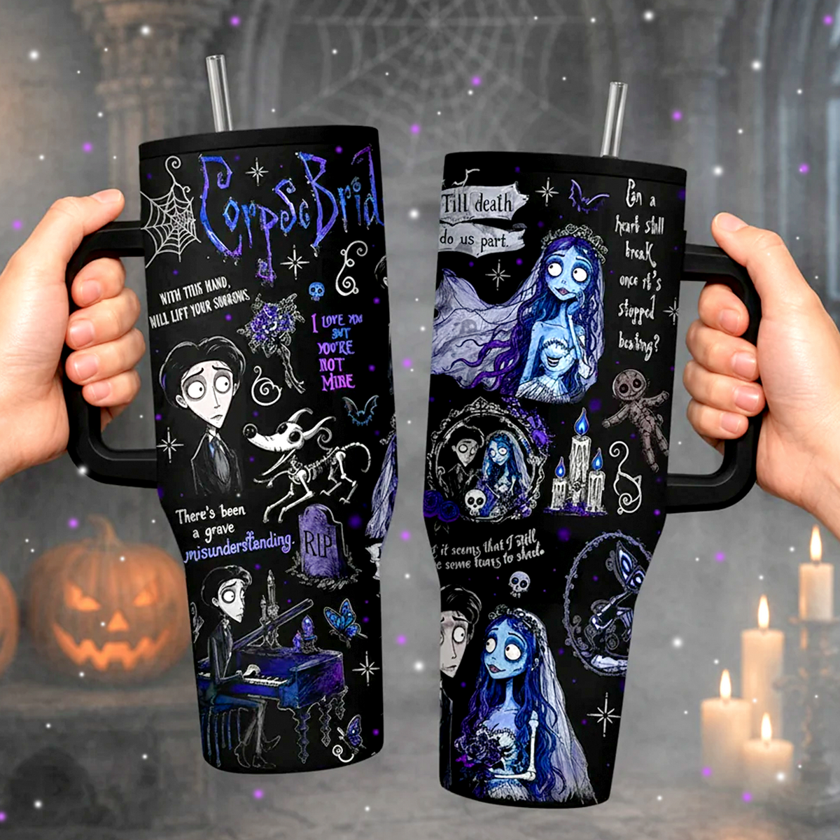 40oz Corpse Bride Tumbler with Handle and Straw – Gothic Halloween Cup
